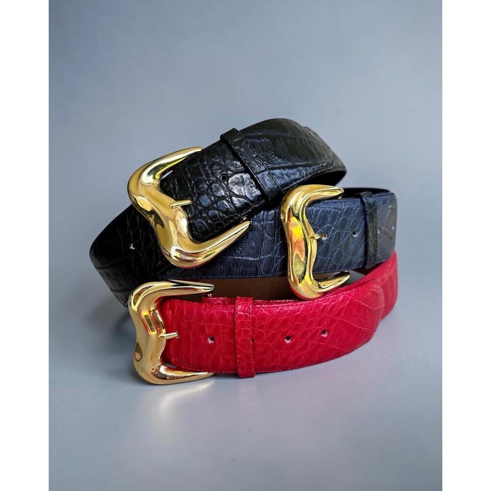 Vintage Milor Red Embossed Leather Belt, Big Gold Buckle, Size Small 32"